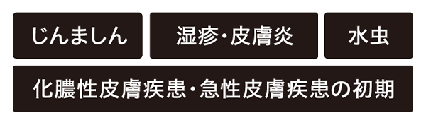 じんましん、湿疹・皮膚炎、水虫、化膿性皮膚疾患・急性皮膚疾患の初期